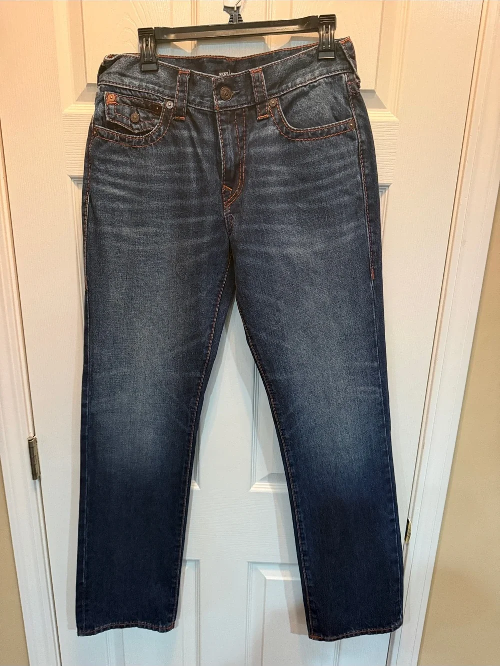True Religion Men's Indigo Straight Leg Jeans with Contrast Stitching